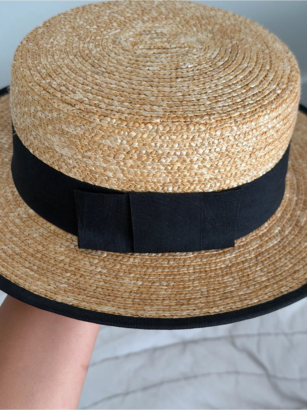 Girls Zara Tan Straw Boater Hat with Black Band
